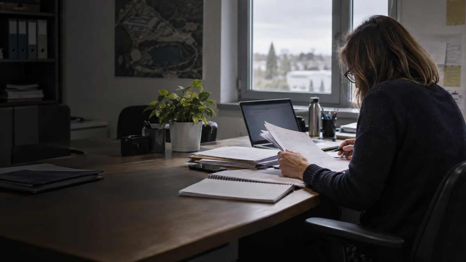 Professionista che esamina documenti di lavoro in ufficio